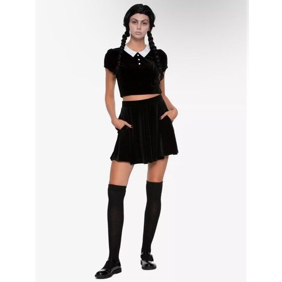 Hot Topic Mini Suede Velvet Skater Skirt LG Black Pocket Goth Emo Gothic Vamp EC - Picture 1 of 9